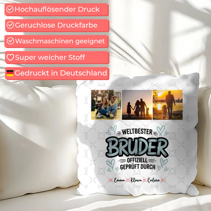 Personalisierte Bruder Kissen mit Fotocollage für Bruder Weltbester Bruder Offiziell Geprüft Durch