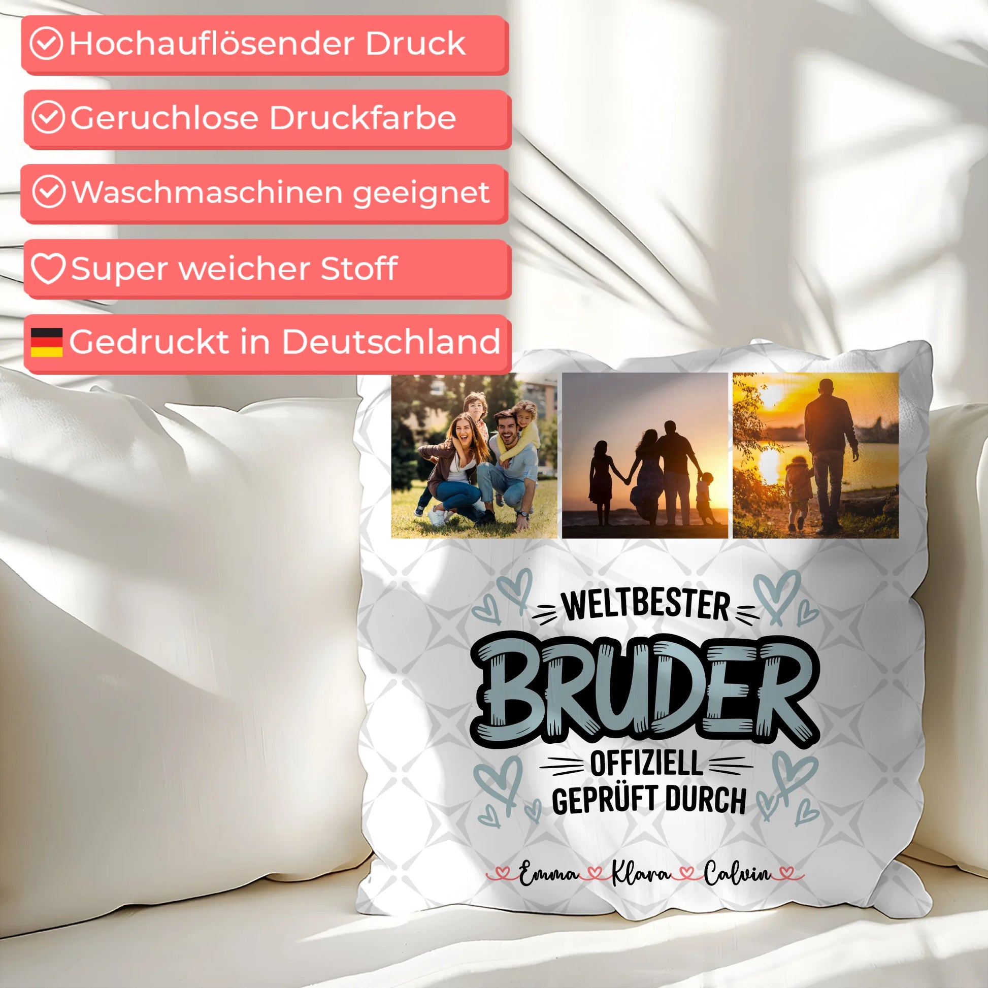 Personalisierte Bruder Kissen mit Fotocollage für Bruder Weltbester Bruder Offiziell Geprüft Durch 7