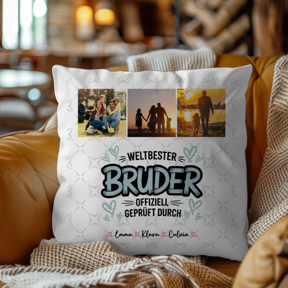 Personalisierte Bruder Kissen mit Fotocollage für Bruder Weltbester Bruder Offiziell Geprüft Durch