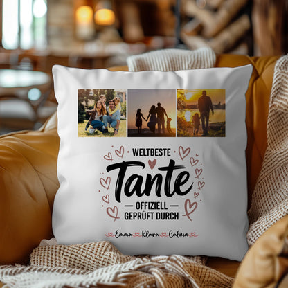 Personalisierte Tante Kissen mit Fotocollage für Tante Weltbeste Tante Offiziell Geprüft Durch