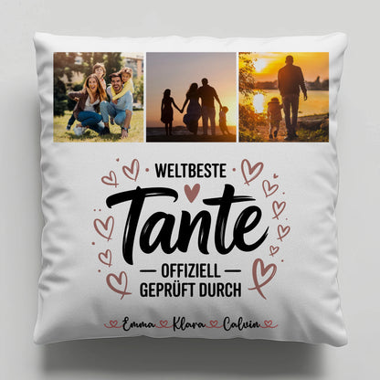 Personalisierte Tante Kissen mit Fotocollage für Tante Weltbeste Tante Offiziell Geprüft Durch 1
