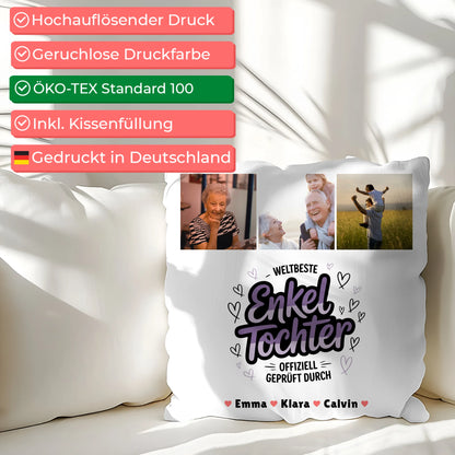 Personalisierte Geschenke für Enkeltochter mit Namen Kissen Geschenk Fotocollage Weltbeste Enkeltochter Offiziell Geprüft Durch 2