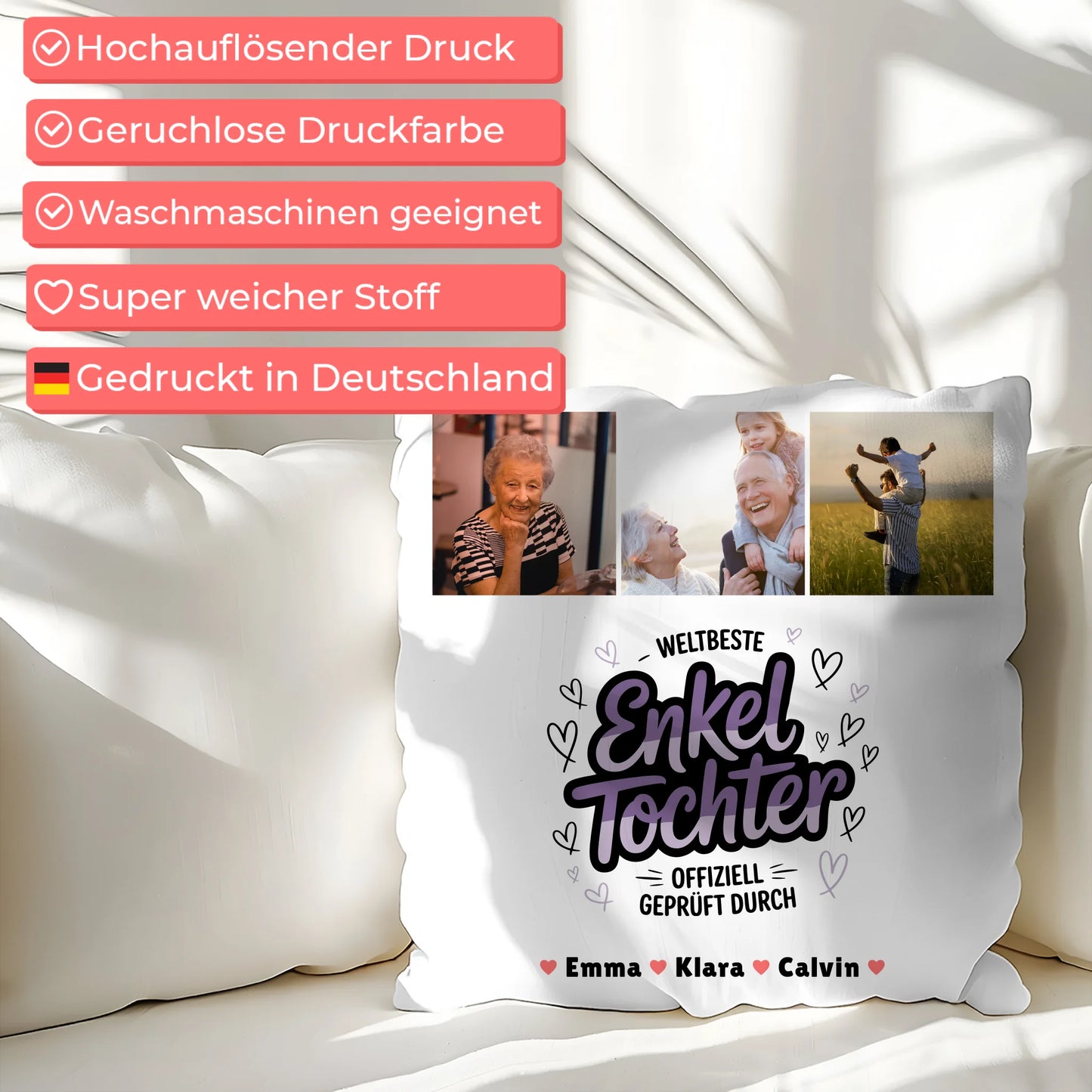 Personalisierte Geschenke für Enkeltochter mit Namen Kissen Geschenk Fotocollage Weltbeste Enkeltochter Offiziell Geprüft Durch 7
