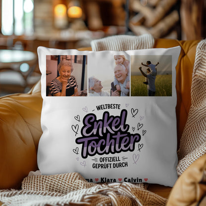 Personalisierte Geschenke für Enkeltochter mit Namen Kissen Geschenk Fotocollage Weltbeste Enkeltochter Offiziell Geprüft Durch 4