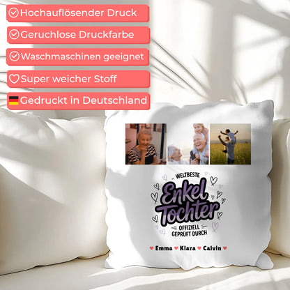 Personalisierte Geschenke für Enkeltochter mit Namen Kissen Geschenk Fotocollage Weltbeste Enkeltochter Offiziell Geprüft Durch
