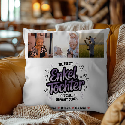 Personalisierte Geschenke für Enkeltochter mit Namen Kissen Geschenk Fotocollage Weltbeste Enkeltochter Offiziell Geprüft Durch 9