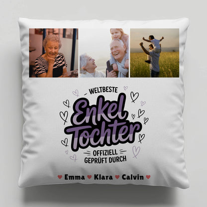 Personalisierte Geschenke für Enkeltochter mit Namen Kissen Geschenk Fotocollage Weltbeste Enkeltochter Offiziell Geprüft Durch 1