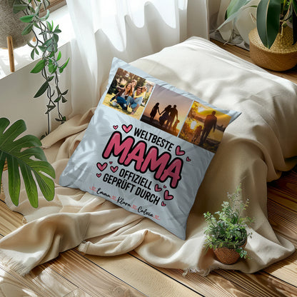 Personalisierte Kissen Mama mit Fotocollage für Mama Weltbeste Mama Offiziell Geprüft Durch 5