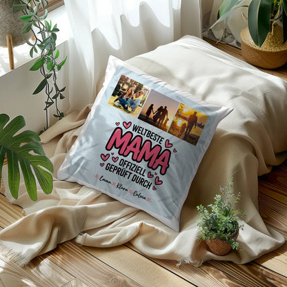 Personalisierte Kissen Mama mit Fotocollage für Mama Weltbeste Mama Offiziell Geprüft Durch