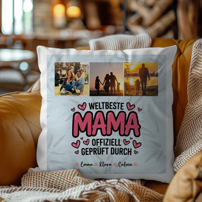 Personalisierte Kissen Mama mit Fotocollage für Mama Weltbeste Mama Offiziell Geprüft Durch
