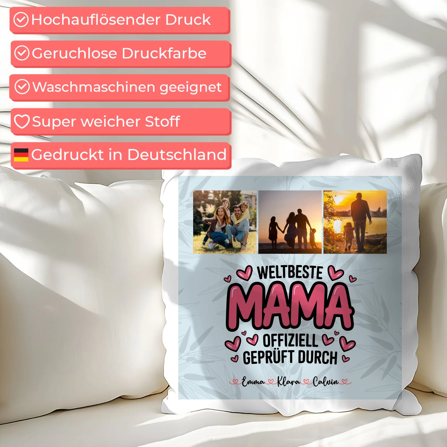 Personalisierte Kissen Mama mit Fotocollage für Mama Weltbeste Mama Offiziell Geprüft Durch