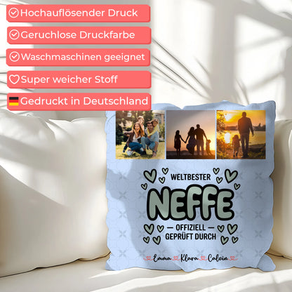 Kissen Mit Namen Fotocollage für Neffe Weltbester Neffe Offiziell Geprüft Durch 7