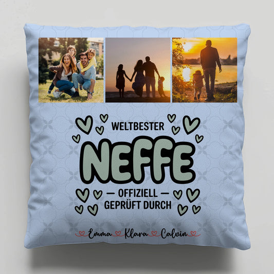 Kissen Mit Namen Fotocollage für Neffe Weltbester Neffe Offiziell Geprüft Durch 1