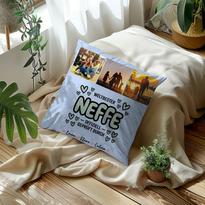 Kissen Mit Namen Fotocollage für Neffe Weltbester Neffe Offiziell Geprüft Durch 10