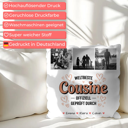 Personalisierte Namen Kissen mit Fotocollage für die Weltbeste Cousine Offiziell Geprüft Durch 7