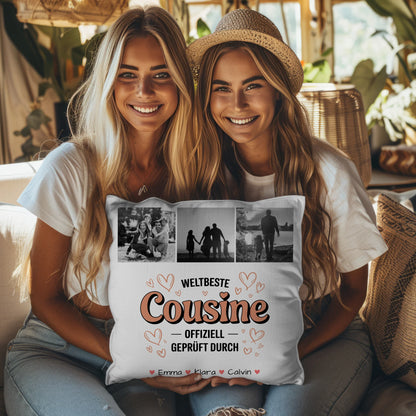 Personalisierte Namen Kissen mit Fotocollage für die Weltbeste Cousine Offiziell Geprüft Durch 8