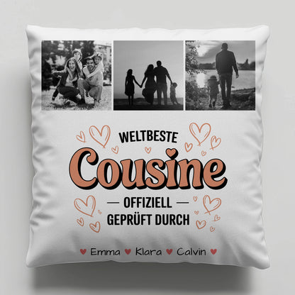 Personalisierte Namen Kissen mit Fotocollage für die Weltbeste Cousine Offiziell Geprüft Durch 1