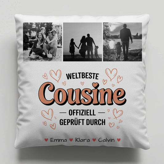 Personalisierte Namen Kissen mit Fotocollage für die Weltbeste Cousine Offiziell Geprüft Durch 1