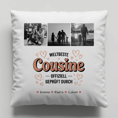 Personalisierte Namen Kissen mit Fotocollage für die Weltbeste Cousine Offiziell Geprüft Durch
