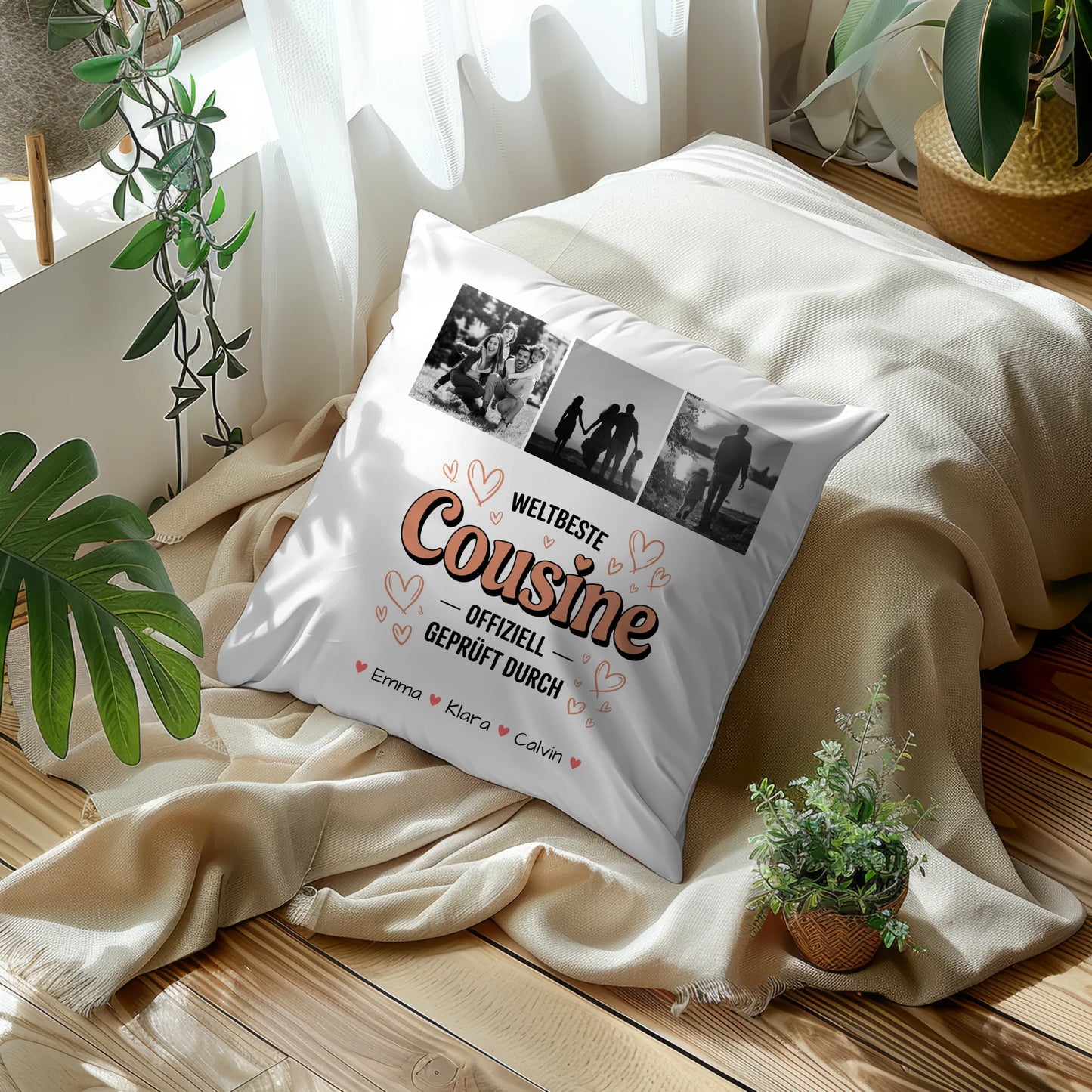 Personalisierte Namen Kissen mit Fotocollage für die Weltbeste Cousine Offiziell Geprüft Durch