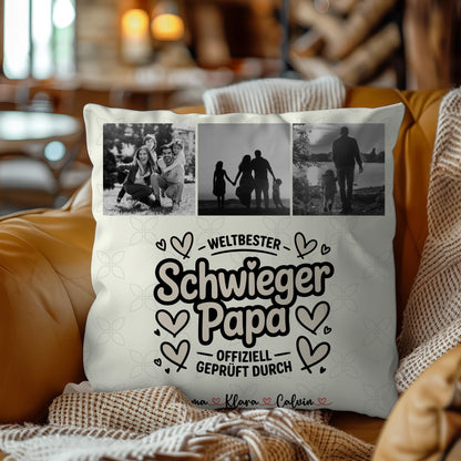 Personalisierte Namen Kissen mit Schwiegerpapa Fotocollage Weltbester Schwiegerpapa Offiziell Geprüft Durch 4