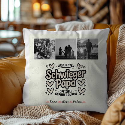 Personalisierte Namen Kissen mit Schwiegerpapa Fotocollage Weltbester Schwiegerpapa Offiziell Geprüft Durch