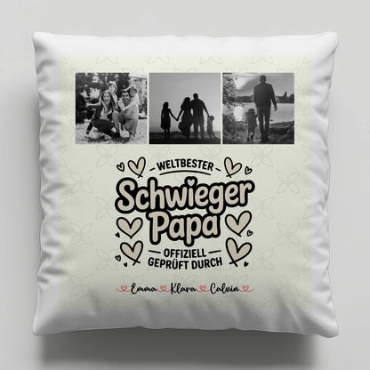 Personalisierte Namen Kissen mit Schwiegerpapa Fotocollage Weltbester Schwiegerpapa Offiziell Geprüft Durch