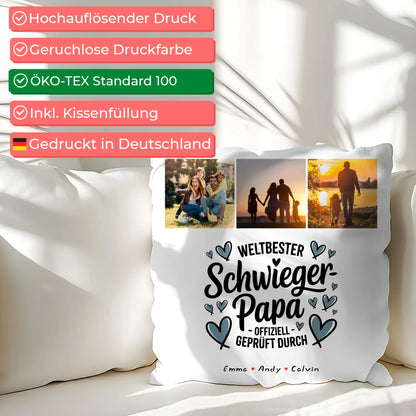 Personalisierte Geschenke für Schwiegerpapa mit Namen Kissen Geschenk Fotocollage Weltbester Schwiegerpapa Offiziell Geprüft Durch 2