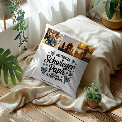 Personalisierte Geschenke für Schwiegerpapa mit Namen Kissen Geschenk Fotocollage Weltbester Schwiegerpapa Offiziell Geprüft Durch 5