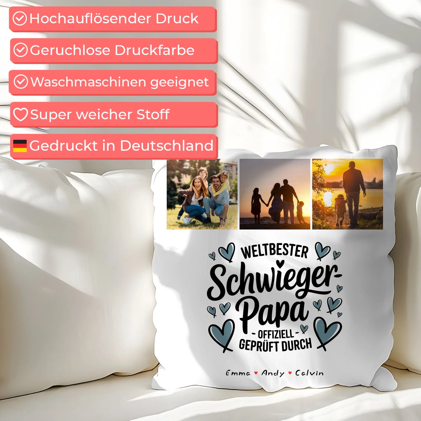 Personalisierte Geschenke für Schwiegerpapa mit Namen Kissen Geschenk Fotocollage Weltbester Schwiegerpapa Offiziell Geprüft Durch 7