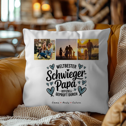 Personalisierte Geschenke für Schwiegerpapa mit Namen Kissen Geschenk Fotocollage Weltbester Schwiegerpapa Offiziell Geprüft Durch