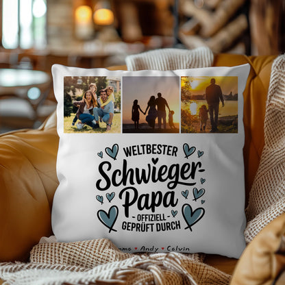 Personalisierte Geschenke für Schwiegerpapa mit Namen Kissen Geschenk Fotocollage Weltbester Schwiegerpapa Offiziell Geprüft Durch 4