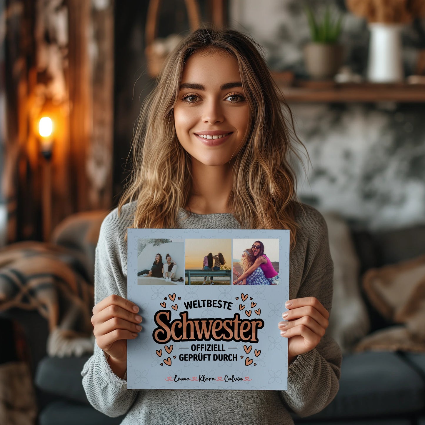 Personalisierte Fotoboard Magnet Poster Fotocollage für Schwester Weltbeste Schwester Offiziell Geprüft Durch 2