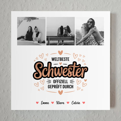 Fotoboard Magnet Wandbild für Schwester mit Fotocollage Weltbeste Schwester Offiziell Geprüft Durch 1