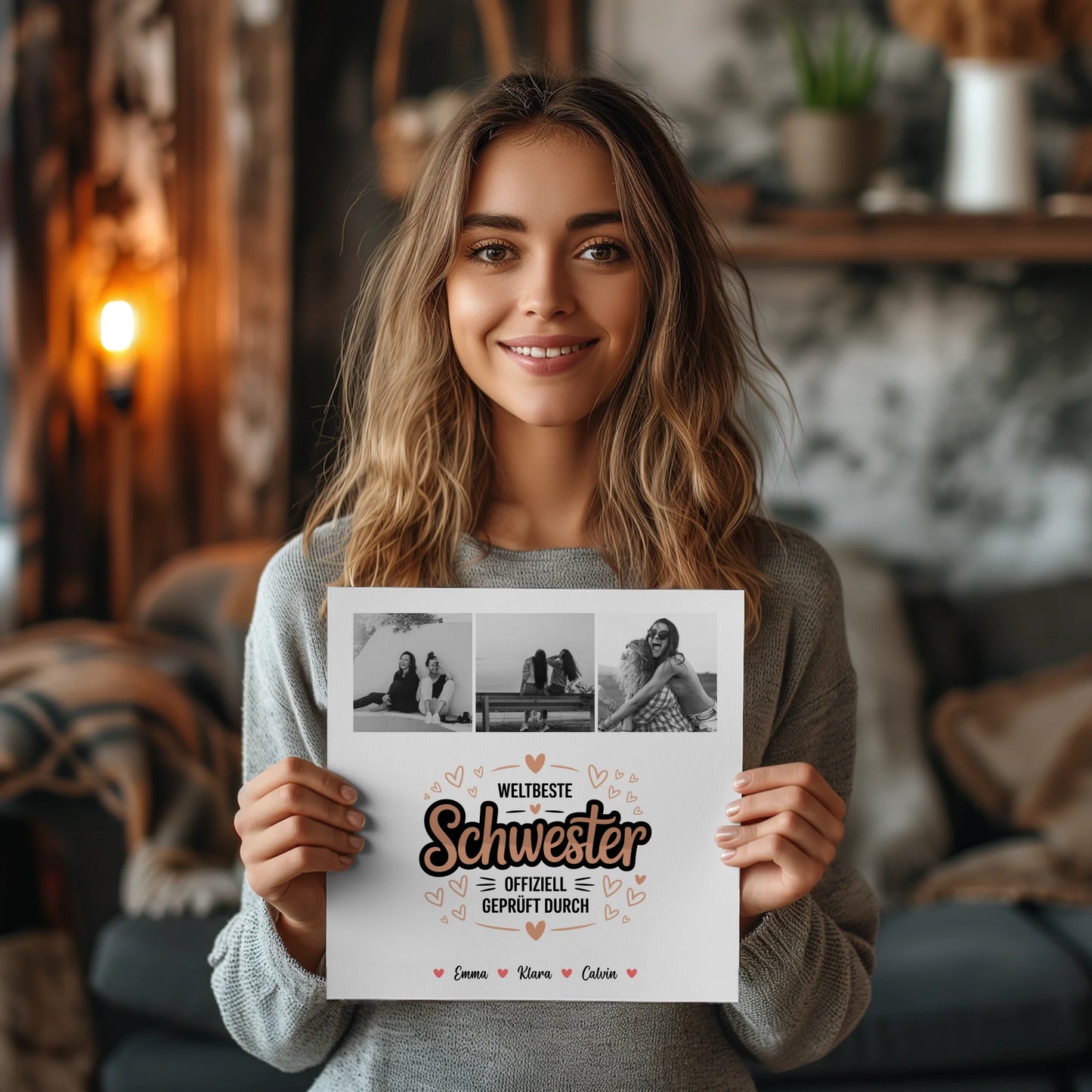 Fotoboard Magnet Wandbild für Schwester mit Fotocollage Weltbeste Schwester Offiziell Geprüft Durch 2