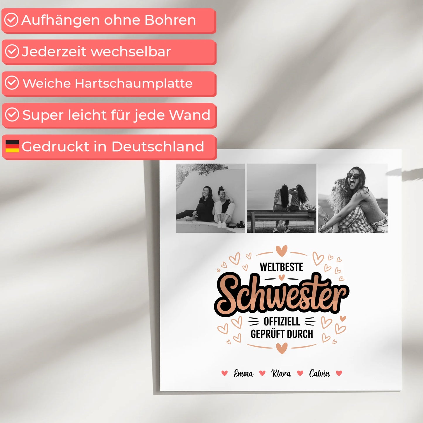 Fotoboard Magnet Wandbild für Schwester mit Fotocollage Weltbeste Schwester Offiziell Geprüft Durch