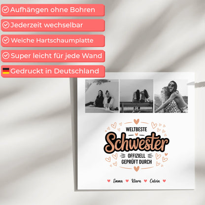 Fotoboard Magnet Wandbild für Schwester mit Fotocollage Weltbeste Schwester Offiziell Geprüft Durch