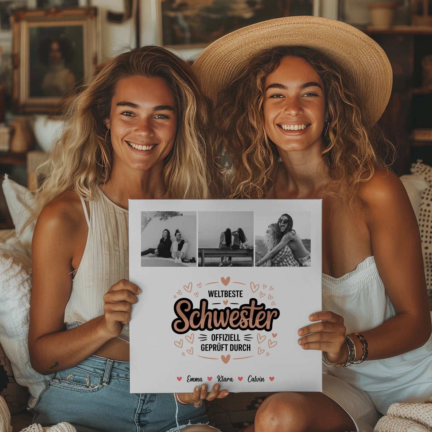 Fotoboard Magnet Wandbild für Schwester mit Fotocollage Weltbeste Schwester Offiziell Geprüft Durch