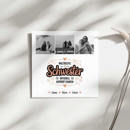 Fotoboard Magnet Wandbild für Schwester mit Fotocollage Weltbeste Schwester Offiziell Geprüft Durch