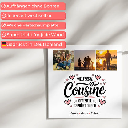 Fotoboard Magnet Wandbild Geschenk Fotocollage Cousine Weltbeste Cousine Offiziell Geprüft Durch