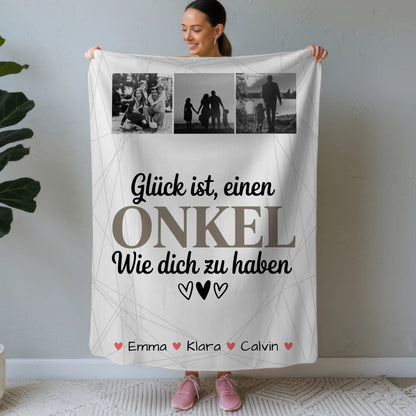 Personalisierte Kuscheldecke mit Namen und Fotocollage - Geschenk für Onkel - Glück, einen Onkel wie dich zu haben 1