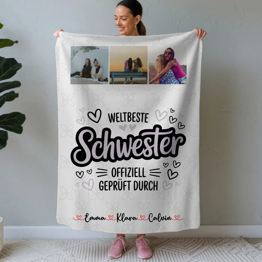 Personalisierte Decke Schwester Fotocollage Schwester Weltbeste Schwester Offiziell Geprüft Durch 1
