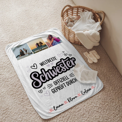 Personalisierte Decke Schwester Fotocollage Schwester Weltbeste Schwester Offiziell Geprüft Durch 2