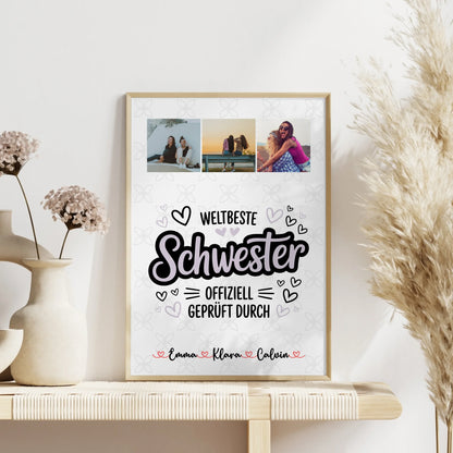 Personalisierte Poster Schwester Fotocollage Schwester Weltbeste Schwester Offiziell Geprüft Durch