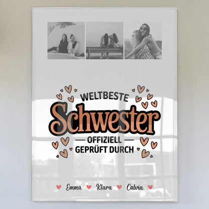Acrylglas Mit Foto Fotocollage für Schwester Weltbeste Schwester Offiziell Geprüft Durch 1