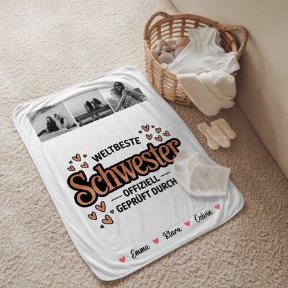 Personalisierte Decke Schwester Fotocollage für Schwester Weltbeste Schwester Offiziell Geprüft Durch 2
