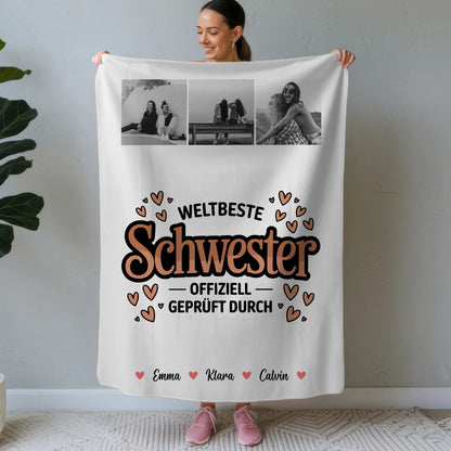 Personalisierte Decke Schwester Fotocollage für Schwester Weltbeste Schwester Offiziell Geprüft Durch 1