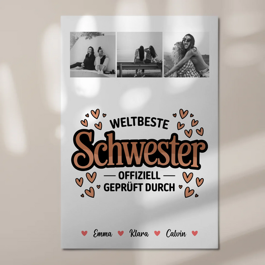 Personalisierte Fotoboard Magnet Wandbild Fotocollage für Schwester Weltbeste Schwester Offiziell Geprüft Durch 1