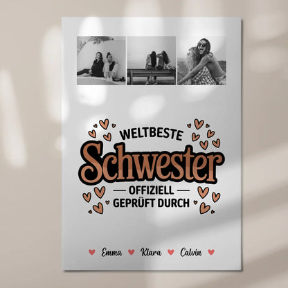 Personalisierte Fotoboard Magnet Wandbild Fotocollage für Schwester Weltbeste Schwester Offiziell Geprüft Durch 7
