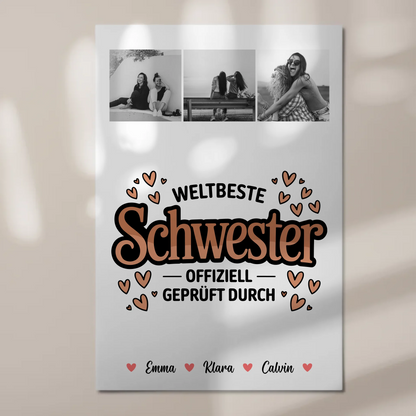 Personalisierte Fotoboard Magnet Wandbild Fotocollage für Schwester Weltbeste Schwester Offiziell Geprüft Durch